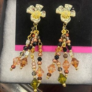 Gold Floral and Earth tone Crystal Dangle Earrings-NWT